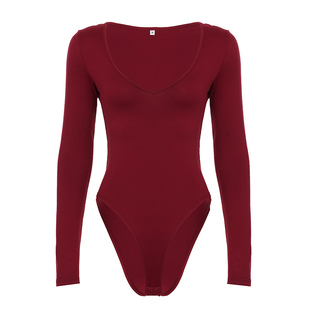DARLINGAGA美式辣妹性感深V长袖红色连体衣女修身显瘦针织打底T恤