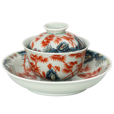 仿古泥斗彩三才盖碗满彩泡茶碗