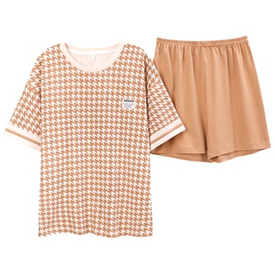 浪莎睡衣女士夏季薄款纯棉短袖千鸟格简约全棉家居服小个子两件套