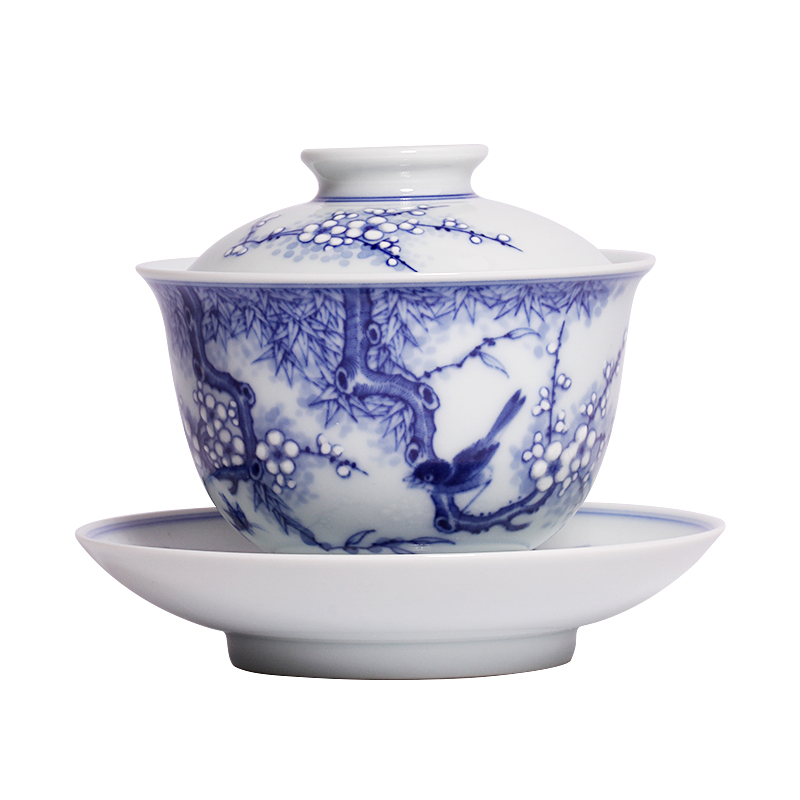 茶与器景德镇瓷器小桥窑手绘青花盖杯堆雕工艺喜上眉梢三才盖碗