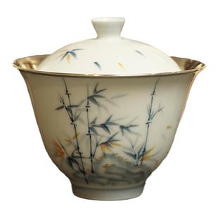 足银999青花手绘竹子盖碗釉下彩泡茶碗包银杯品茗杯功夫茶具 紫竹