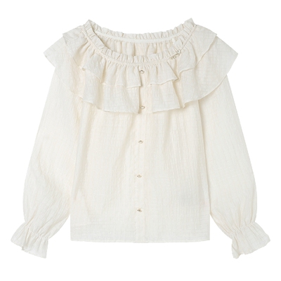 白鹿语含莱赛尔面料衬衣25秋复古气质上衣层叠荷叶边无弹长袖衬衫