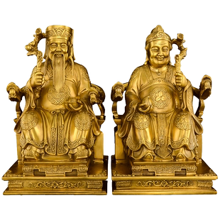 黄铜土地公土地婆神像摆件一对福德正神佛像家用供奉大号