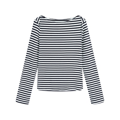 条纹再生纤维T恤haiku一字领