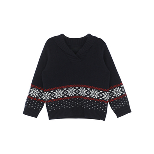 大耳象女童翻领雪花套头毛衣2026秋季新款宝儿纯羊毛提花针织上衣