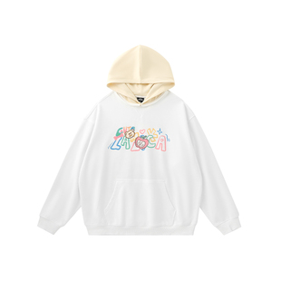 LAMLICKA白色重磅连帽卫衣男秋季撞色拼接美式潮牌宽松纯棉上衣女