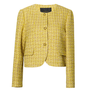 罗衣法式小香风粗花呢短款外套女春季端庄通勤黄色修身上衣11183