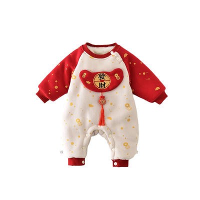 可爱超萌男宝宝冬装连体衣哈衣婴儿衣服冬季喜庆拜年服过年小月龄