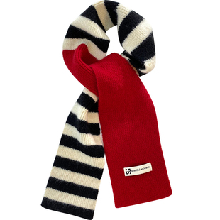红撞黑白条纹绝绝子显白保暖毛线小围巾装饰2024秋冬季学生围脖女