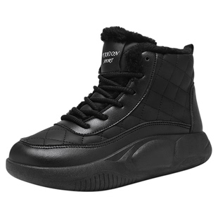 黑色运动鞋女款冬季大码42码高帮加绒加厚保暖棉鞋皮面防水工作鞋