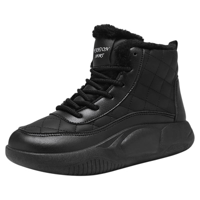 黑色运动鞋女款冬季大码42码高帮加绒加厚保暖棉鞋皮面防水工作鞋