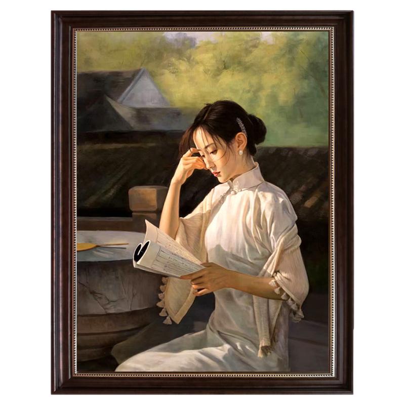 手绘古典旗袍装饰画美女看书挂画大芬村油画卧室玄关静读之美卓克