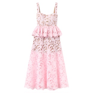 self-portrait 2025早秋新款粉红色甜美双层蕾丝吊带蛋糕裙连衣裙