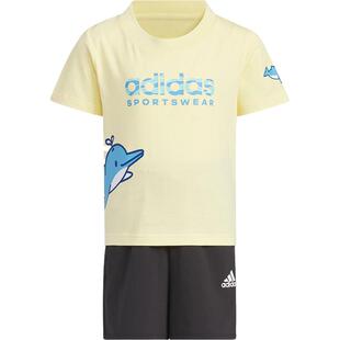 Adidas儿童装夏新款男女小童卡通鲸鱼棉运动短袖套装JF3867