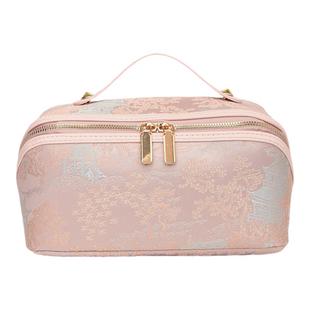 皮革新国风化妆包简约刺绣手提化妆品收纳包皮质大容量便携洗漱包