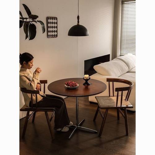 中古铁艺实木圆形餐桌小户型复古阳台胡桃色咖啡喝茶办公洽谈书桌