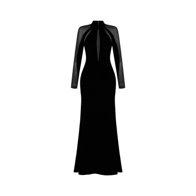 XULU原创轻奢黑色丝绒拼透视网性感V领长袖高腰修身显瘦连衣裙