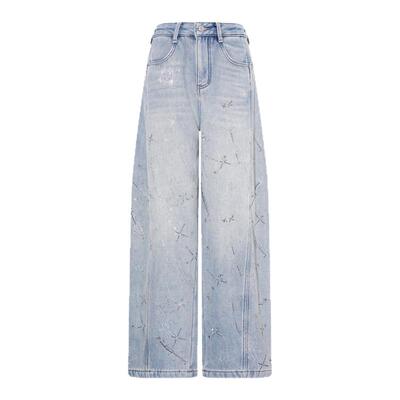 TCH【薄款单裤】流星烫钻高腰显瘦阔腿裤弯刀牛仔裤女T75D20E1327