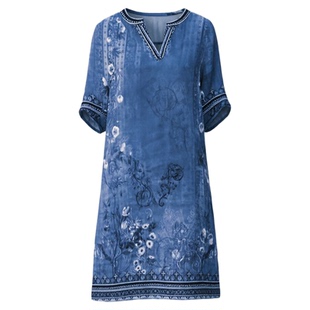 Lady V-neck dress 2026 套头印花宽松中长新款V领连衣裙女