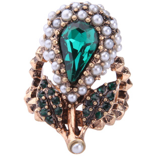 网红戒指女 欧美宫廷风格复古合金珍珠宝石树叶造型指环礼服配饰