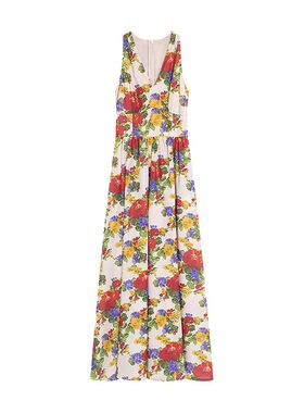 一生罗曼【明媚花境】法式复古挂脖连衣裙女夏油画V领收腰碎花裙