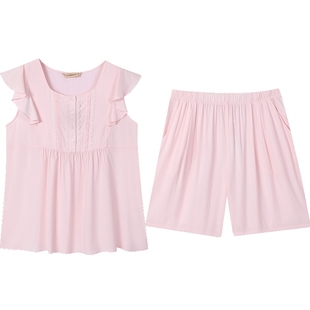 秋鹿梭织睡衣女款夏季纯色简约无袖上衣五分裤家居服人造棉套装女