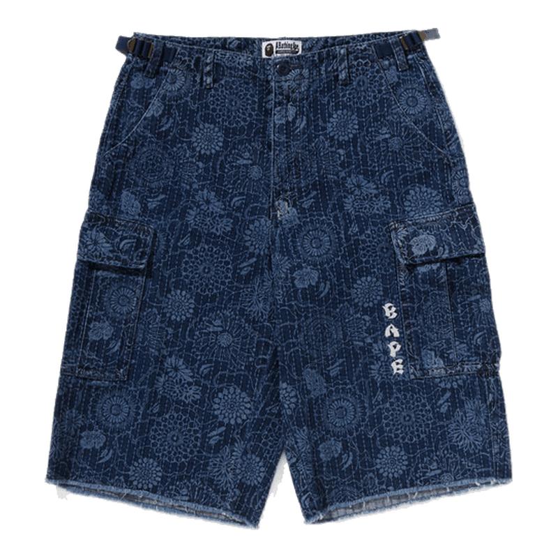 BAPE男装26年春夏靛蓝色迷彩图案字母刺绣牛仔工装短裤305511Q
