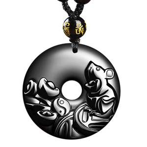 天然黑曜石鼠运福来吊坠钥匙扣