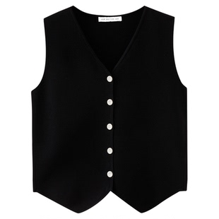 水云间黑色毛针织开衫马甲女极简v领无袖坎肩上衣外套2026夏新款