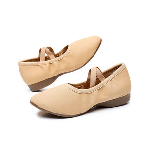 广场舞鞋女驼色低中跟牛筋底舞蹈鞋中老年女士跳舞鞋成人专业软底