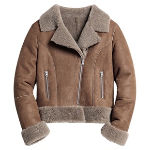 MCS源自万宝路女款皮毛一体机车皮衣绵羊皮衣美式复古秋冬季外套