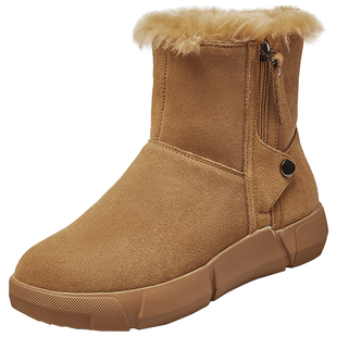 意尔康真皮加绒雪地靴女休闲平底加厚保暖短靴2025冬款棉鞋马丁靴