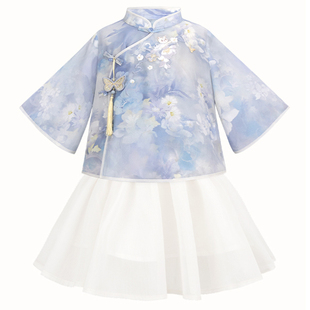 国风夏清凉女童汉服两件套装刺绣中袖古装中国风表演生日礼物