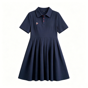 胖女童学院风翻领连衣裙女大童夏季短袖宽松显瘦藏蓝色POLO裙加大