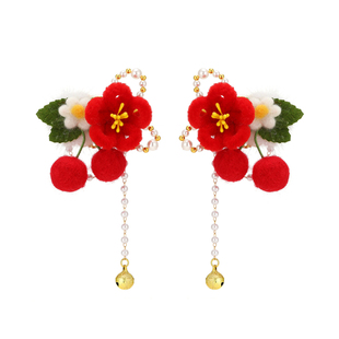 儿童汉服头饰带灯金鱼绒花红色毛球发夹新年国风铃铛女童古风发饰