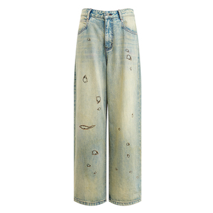 出逃赤岗西 复古火烧焦边印花做旧水洗牛仔裤女皮口袋宽松阔腿裤