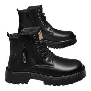 蜻蜓牌马丁靴男冬季高帮加绒棉鞋男真皮休闲软底工装靴子男雪地靴