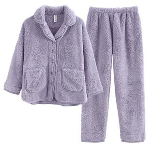 芬腾绵羊绒睡衣女冬季加厚珊瑚绒秋冬女款可外穿法兰绒家居服套装