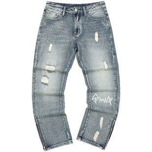 GENANX闪电潮牌水洗牛仔裤破洞线须裤脚拉链开衩修身小脚牛仔长裤