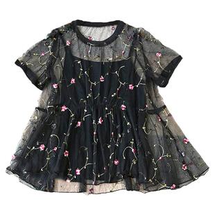 蕾丝衫网纱绣花微透春夏新款韩版大码胖mm宽松版两件套蕾丝上衣女