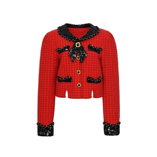 lefame拉飞姆复古港风红黑撞色花瓣领毛织开衫