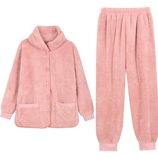 秋鹿秋冬简约纯色小翻领长毛绒睡衣女加绒加厚冬季长袖长裤居家服