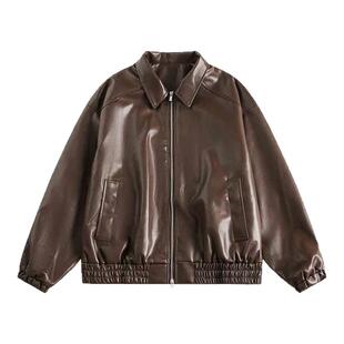 美拉德棕色机车PU皮衣女老钱风复古外套女秋冬重磅宽松夹克上衣黑