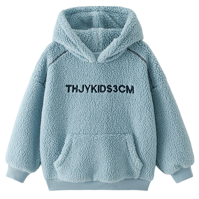 男童加绒连帽卫衣冬款2025新款儿童一体绒条纹时尚印花保暖上衣潮