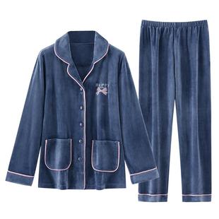 海岛绒妈妈睡衣女士秋冬季长袖加绒加厚保暖珊瑚绒家居服中年套装