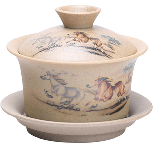 古朴粗陶盖碗功夫茶具 多多陶瓷清香茶碗荷叶贴花茶壶茶具泡茶杯