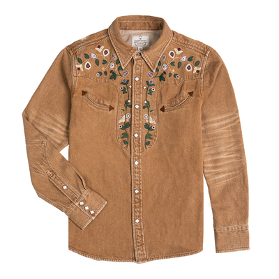 美式复古音乐家花卉刺绣牛仔衬衫