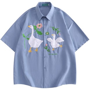 TRAVEL ISSUANCE 一起玩鸭 潮牌嘻哈贴布绣丝绒男女宽松短袖衬衫