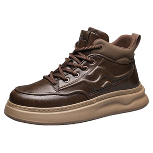 公牛世家男鞋春季运动休闲高帮皮鞋男款厚底增高百搭工装马丁靴男