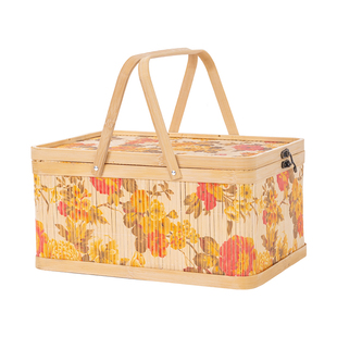 长方形印花竹篮竹筐糕点水果类包装竹编竹盒月饼粽子年货竹制包装